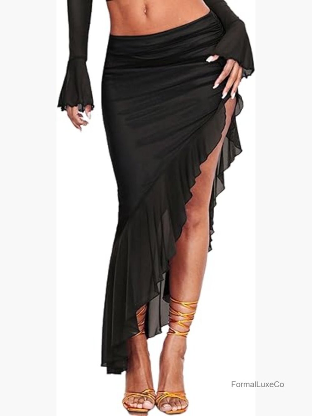 High Waisted Asymmetrical Ruched Mesh Flowy Ruffle Trim Midi Long Skirt
